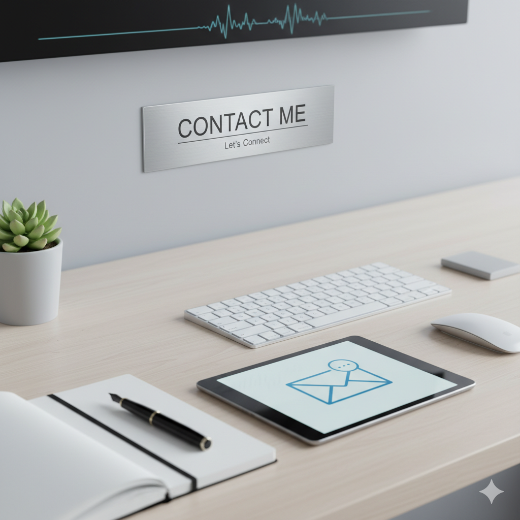 A professional, minimalist desk setup featuring a white keyboard, mouse, and a tablet displaying an email icon. A silver plaque on the wall above the desk reads "CONTACT ME - Let's Connect," with a small succulent plant nearby. The scene conveys communication and professionalism.